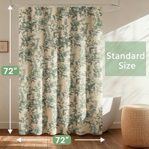 Farmhouse Sage Green Floral Shower Curtain with 12 Clear Rings 72"W x 72"L