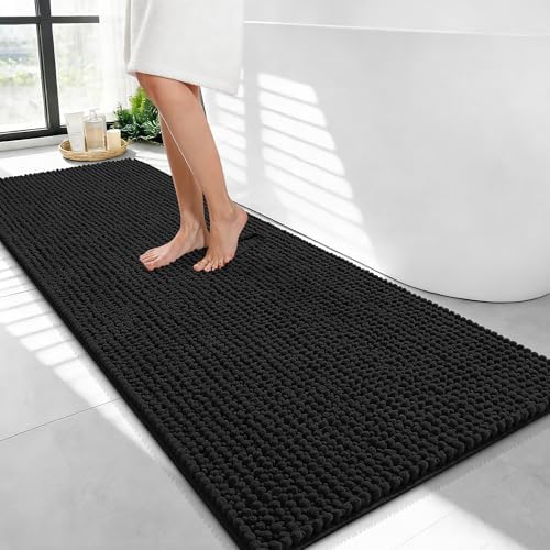OLANLY Thick Chenille Bathroom Runner Rugs 47x24, Absorbent Bath Mat, Black