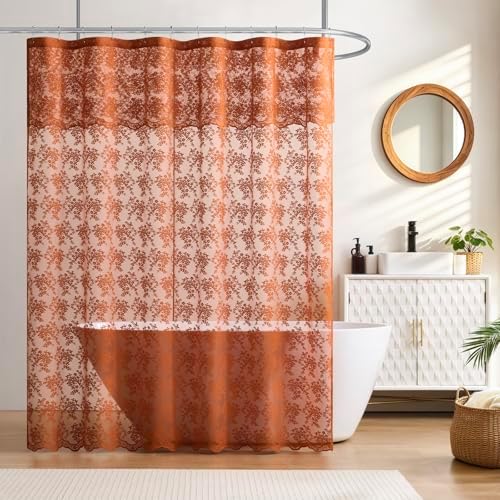Orange Lace Shower Curtain with Attached Valance, 72x72, Terracotta