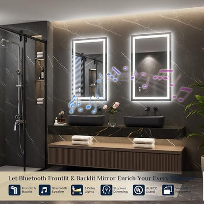 Keonjinn 40 x 24 Inch LED Bathroom Mirror with Lights, Bluetooth Speaker