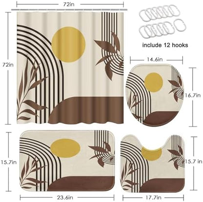 Boho Bathroom Sets with Shower Curtain and Rugs, 4 Pcs, Mid