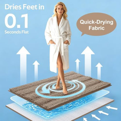 ACCUMTEK Striped Dark Beige Bathroom Rug Mat Set 2 piece 24"x17"+48"x20" Ultra Soft, Non Slip Chenille Bath Rugs, Absorbent Plush Shaggy Bath Mats for Bathroom, Bedroom, Kitchen, Shower, Tub,Taupe