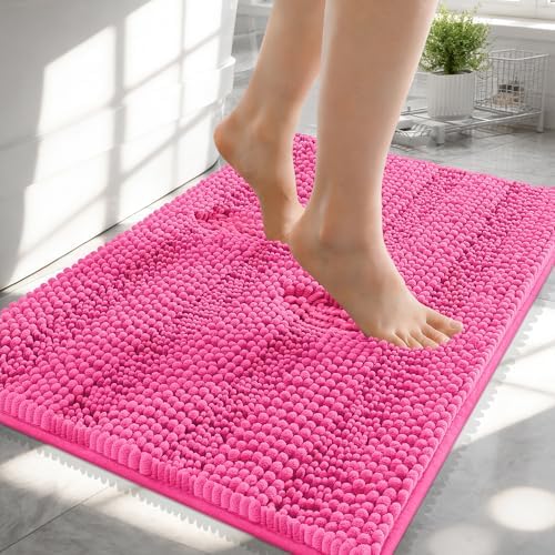 OLANLY Thick Small Bathroom Rugs 24x16, Soft Chenille Bath Rugs, Hot Pink