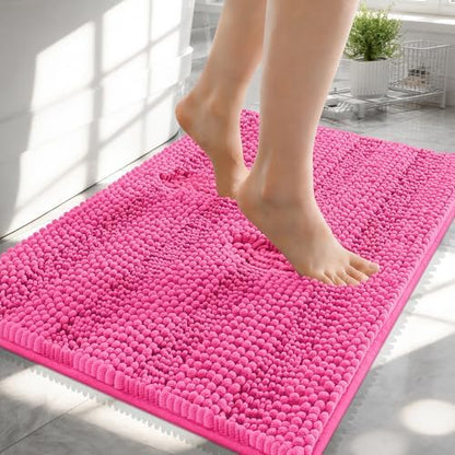OLANLY Thick Small Bathroom Rugs 24x16, Soft Chenille Bath Rugs, Hot Pink