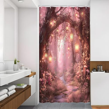 Fantasy Forest Path Shower Curtain Pink Fairy Magical Enchanted Misty Jungle Mushroom Floral Tree Butterfly Lantern Wonderland Bath Curtain Fabric Bathroom Accessories Decor with Hooks 35W x70L
