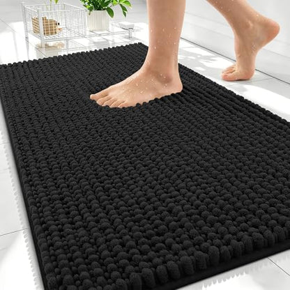 OLANLY Thick Chenille Bathroom Rugs 30x20, Soft Absorbent Bath Mat, Black