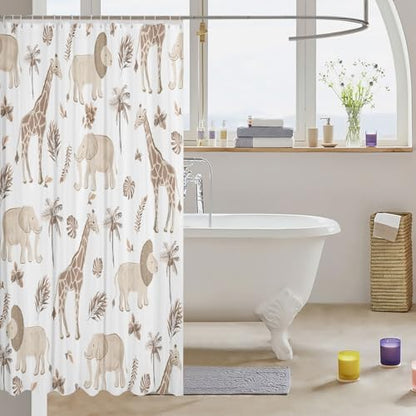 Feelyou Safari Animal Shower Curtain Kids Boys Elephant Lion Giraffe Bathroom Waterproof Accessories with 12 Hooks 72x84 Inches Hunter Brown Rust Wildlife Room Decor
