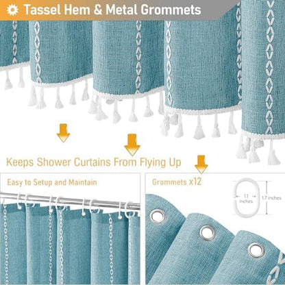 BTTN 72x78 Long Boho Farmhouse Linen Heavy Duty Cloth Shower Curtain, Teal