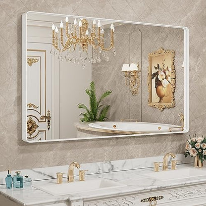 LOAAO 60x36 Inch White Metal Framed Bathroom Mirror for Wall, White Bathroom Vanity Mirror Farmhouse, Large Rounded Rectangle Mirror, Anti-Rust, Tempered Glass, Hangs Horizontally or Vertically
