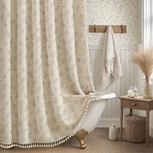 Blue Floral Farmhouse Vintage Linen Shower Curtain with Tassel 72Wx72H