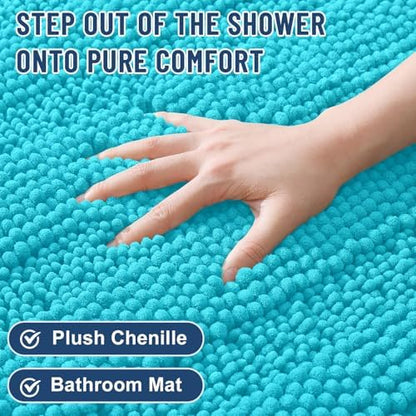 Grandaily Chenille Striped Bathroom Rugs 24x16, Extra Thick and Soft Absorbent Bath Mats, Rubber Backing, Plush Shaggy Shower Carpet, Machine Wash Dry, Bath Rug for Bathroom, Aqua Sky