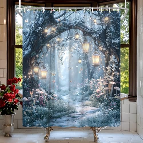 Fantasy Forest Path Shower Curtain Winter Fairy Magical Enchanted Misty Jungle Mushroom Floral Tree Butterfly Lantern Wonderland Bath Curtain Fabric Bathroom Accessories Decor with Hooks 70W x90L