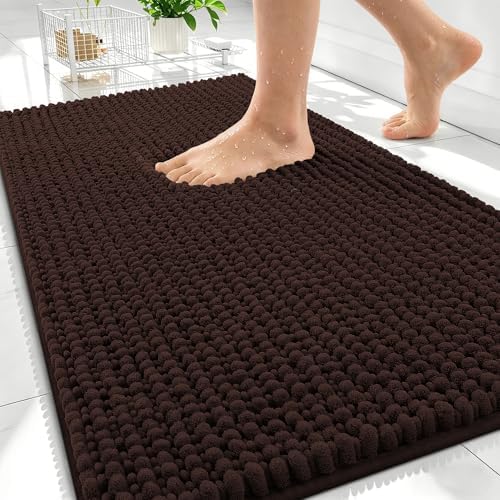 OLANLY Thick Chenille Bathroom Rugs 30x20, Soft Absorbent Bath Mat, Brown