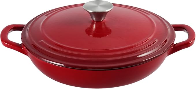 Flavehc Braiser Enameled Cast Iron Braiser 2.25 QT, Cast Iron Braiser Pan with Lid for Bread Baking, Soup & One Pot Meals, Small Shallow Dutch Oven Casserole for Oven & Induction, Red