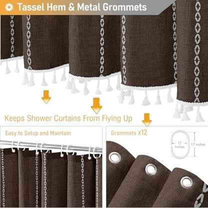 BTTN 72x78 Long Boho Farmhouse Linen Heavy Duty Cloth Shower Curtain, Brown