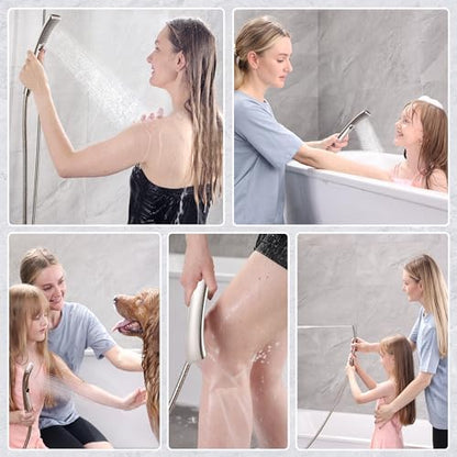 BRIGHT SHOWERS High Pressure Shower Head Combo with Two Spray Setting Fixed Shower Head and Two Spray Settings Handheld Shower Head with Grey Face, Brushed Nickel