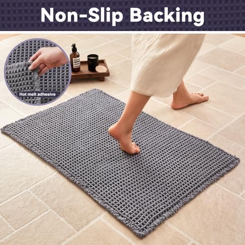 Triohero Waffle Bath Mat, Boho Bathroom Rugs Non Slip, 24x36 Dark Grey