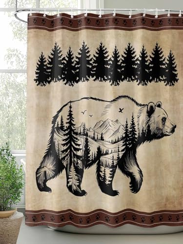 Shower Curtain Bathroom Set Bear Forest Mountains Animal Silhouette Waterproof Shower Curtains with Grommets Hooks Vintage Brown Gradient Privacy Bath Curtain for Bathtub Decor 36x72in