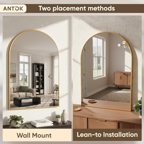 Antok Arched Bathroom Mirror, 30"x40" Wall Mounted Mirror, Vanity Mirrors for Over Sink, Aluminum Alloy Frame Bathroom Mirrors Living Room, Bedroom and Entryway, Gold
