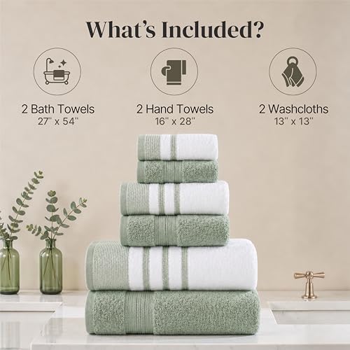 Modern Threads 6 Piece Bath Towel Set – Bathroom Towel Set with 2 Bath Towels, 2 Hand Towels & 2 Washcloths – 100% Cotton, Soft & Absorbent – Classic Border Stripe (Green)