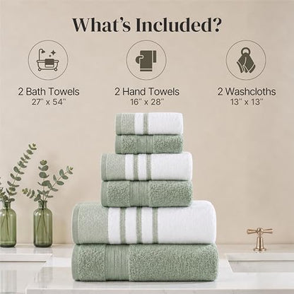Modern Threads 6 Piece Bath Towel Set – Bathroom Towel Set with 2 Bath Towels, 2 Hand Towels & 2 Washcloths – 100% Cotton, Soft & Absorbent – Classic Border Stripe (Green)