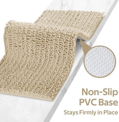 ACCUMTEK Upgrade Luxury 2 Piece Beige Toilet Bathroom Rug Mat 32"x20"+24"x17", Ultra Soft Thick Absorbent Bath Mats, Non Slip Chenille Toilet Mat for Bathroom, Bedroom, Kitchen, Shower, Tub
