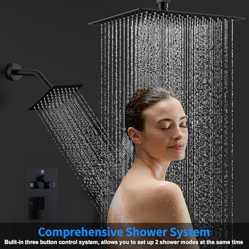 Shower Faucet Set, 12" Ceiling Mount Rainfall Shower System with 12'' Top Head+6'' Side Head and Multi-function Handheld Head Push Button Diverter Shower Faucet Trim Kit (12", Matte Black)