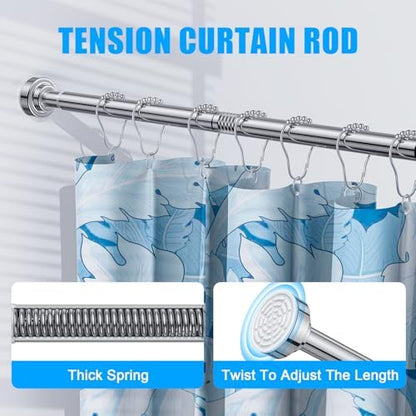 TEECK Shower Curtain Rod, 32-43 inch Adjustable Spring Tension Curtain Rod, Never Rust Anti-Slip Shower Curtain Rod for Bathroom, No Drilling, Never Collapse, Easy to Use, Silver