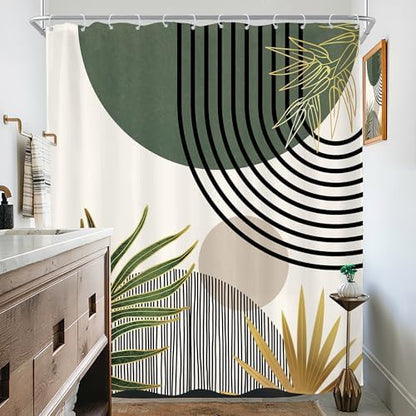 KOMLLEX Mid Century Green Boho Abstract Modern Bathroom Shower Curtain Set