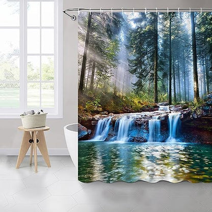 Waterfalls Shower Curtains Outdoor Natural Scenery Forest Sunshine Tree Plant Landscape Courtyard Bathroom Decor Polyester Fabric Curtain Set 60 x 70 Inch with Hooks