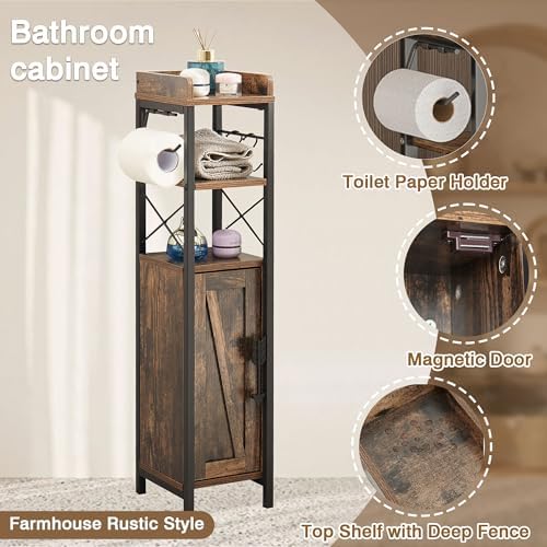 VECELO Small Bathroom Cabinet, Slim Toilet Paper Holder with Door&2 Shelves Metal Racks, Narrow Storage Organizers, Free Standing Farmhouse Style for Bathroom Restroom Tiny Space,Dark Brown