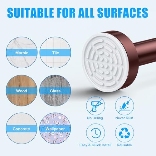 TEECK Shower Curtain Rod, 32-80 inch Adjustable Spring Tension Curtain Rod, Never Rust Anti-Slip Shower Curtain Rod for Bathroom, No Drilling, Never Collapse, Easy to Use, Brown