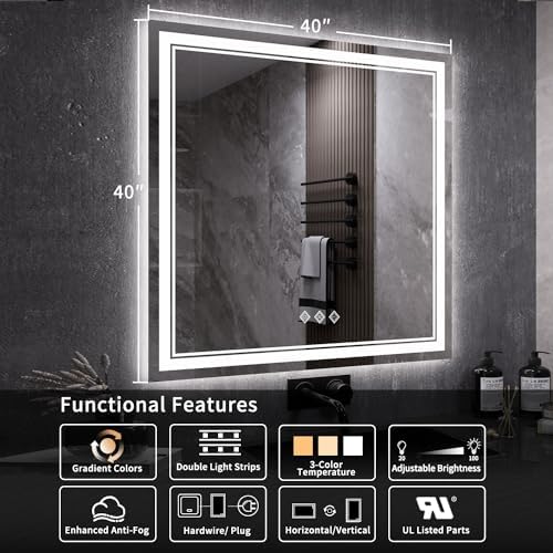 LED Mirror, 40x40 Inch Gradient Front and Backlight Bathroom Mirrors for Wall, 3 Colors Dimmable CRI>90 Double Lights, IP54 Enhanced Anti-Fog, Hanging Plates Wall Mount LED Vanity Mirror