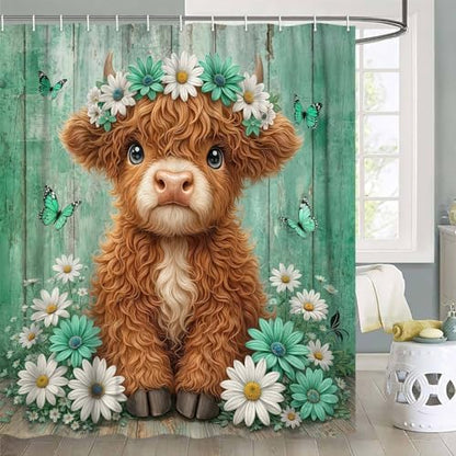 Cute Cow Shower Curtain, Farmhouse Rustic Green Floral Daisy Highland Cow Shower Curtains for Bathroom, Calf Country Farm Animal Garden Plant Fabric Bathroom Decor with Hooks, 54x72 inch