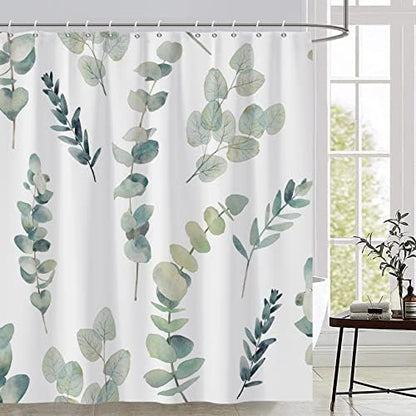 AWERT Shower Curtain Green Plants for Bathroom Waterproof Quick-Drying Eucalyptus Leaves Shower Curtain Set with Hooks 72x72 Inch