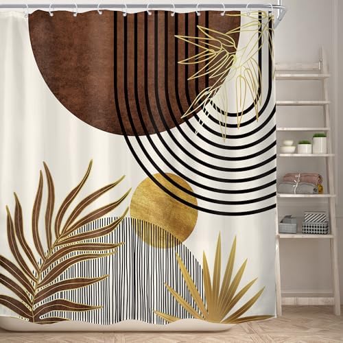 Mid Century Brown Boho Abstract Modern Gold Bathroom Shower Curtain Set
