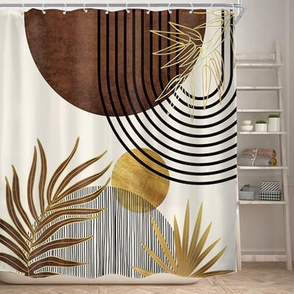 Mid Century Brown Boho Abstract Modern Gold Bathroom Shower Curtain Set