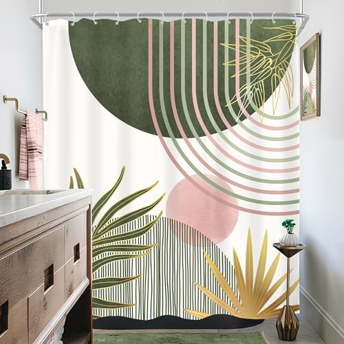 Mid Century Sage Green Pink Boho Abstract Bathroom Shower Curtain Set
