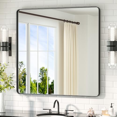 TETOTE 36 x 36 Black Mirror for Bathroom Matte Black Metal Frame Mirror, Tempered Glass, Wall Mounted for Bathroom, Entryway, Bedroom, Living Room(Horizontal/Vertical)