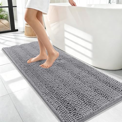 OLANLY Thick Bathroom Runner Rugs 47x17, Soft Chenille Long Bath Rugs, Grey