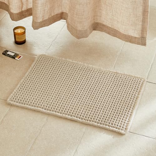 TYUU Waffle Bath Mat, Small Boho Bathroom Rugs Non Slip 24x16 Pale Beige