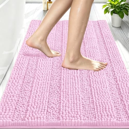 Smiry Thick Chenille Bathroom Rugs 30x20, Soft Absorbent Bath Mat, Pink