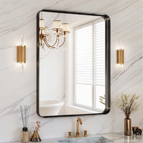 30x36 Inch Black Metal Framed Bathroom Mirror for Wall, HD Tempered Glass