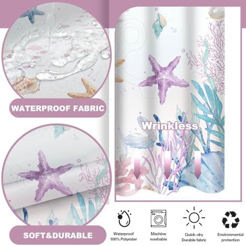 No Hook Shower Curtain and Liner Set, Watercolor Purple Beach Coastal 71x74