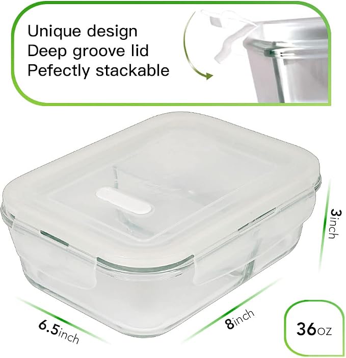 DAS TRUST 5 Pack 36oz Food Storage Containers 2 Compartment Glass Meal Prep Containers with Lids Lunch Containers for Adult with Dividers Reusable Lunch Bento Box Meal Prep Bowls