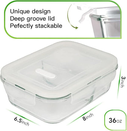 DAS TRUST 5 Pack 36oz Food Storage Containers 2 Compartment Glass Meal Prep Containers with Lids Lunch Containers for Adult with Dividers Reusable Lunch Bento Box Meal Prep Bowls