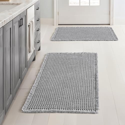 MIULEE Set of 2 Waffle Bathroom Rugs Boho Bath Mat Light Grey 17x24 Inch