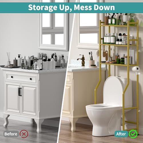 3-Tier Over Toilet Storage, Anti-Tip, 64" H, Gold