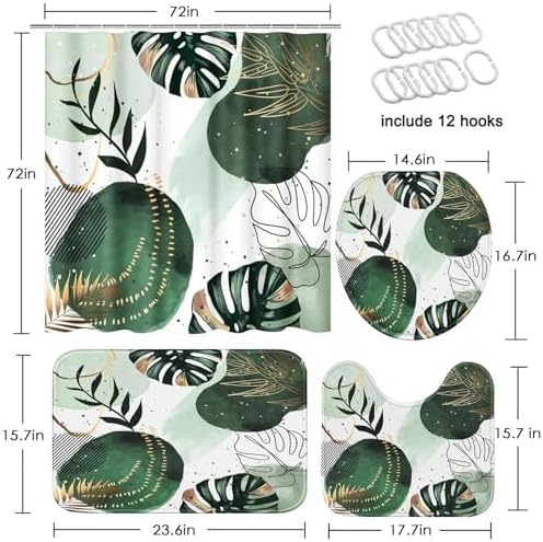 Bathroom Sets with Shower Curtain and Rugs, 4 Pcs, Boho Sage Green