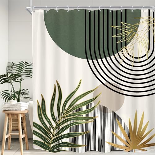 KOMLLEX Mid Century Green Boho Abstract Modern Bathroom Shower Curtain Set